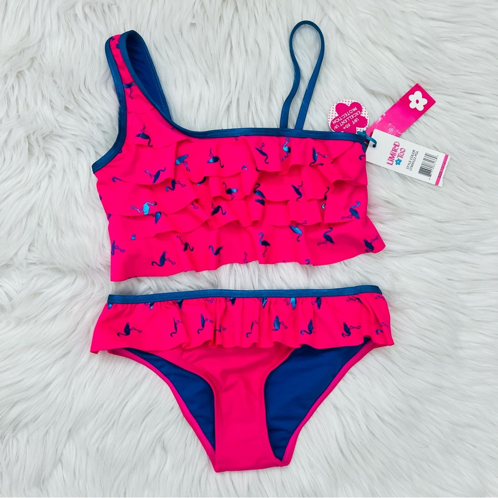 NWT! Limited Too Girls 2-Piece Swimsuit - Ruffle Trim & Flamingo Foil Print Pink